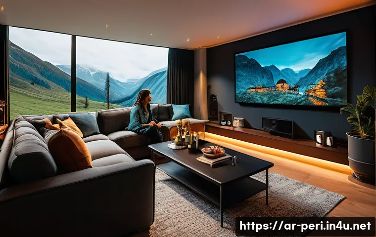 프로젝터와 스마트 TV의 장단점 비교 - **Immersive Projector Home Cinema**
    "A cozy, dimly lit living room transformed into a private ci...