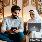 스마트폰과 PC 간 데이터 전송 팁 - A modern Arab man and woman sitting comfortably in a stylish living room, each using their smartphon...