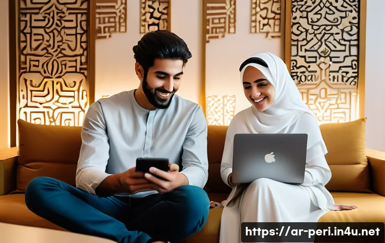 스마트폰과 PC 간 데이터 전송 팁 - A modern Arab man and woman sitting comfortably in a stylish living room, each using their smartphon...