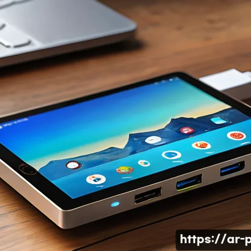 태블릿과 노트북의 연결 허브 추천 - A sleek, compact USB-C hub designed for Arab users, featuring multiple ports including USB-A, HDMI, ...