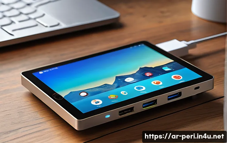 태블릿과 노트북의 연결 허브 추천 - A sleek, compact USB-C hub designed for Arab users, featuring multiple ports including USB-A, HDMI, ...