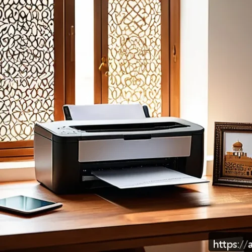 레이저 프린터와 잉크젯 프린터 비교 - A cozy Arab family home office scene featuring a modern inkjet printer on a wooden desk with Arabic ...