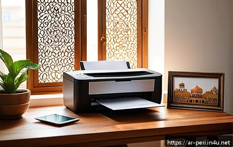 레이저 프린터와 잉크젯 프린터 비교 - A cozy Arab family home office scene featuring a modern inkjet printer on a wooden desk with Arabic ...