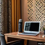 웹캠의 마이크 품질과 추가 장비 추천 - A modern home office setup featuring a high-quality condenser webcam microphone with a unidirectiona...