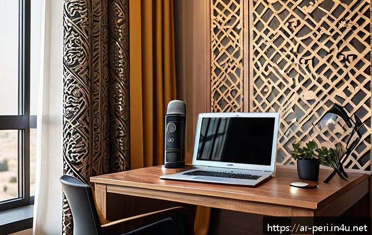 웹캠의 마이크 품질과 추가 장비 추천 - A modern home office setup featuring a high-quality condenser webcam microphone with a unidirectiona...
