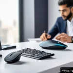 블루투스 마우스와 2 4GHz 무선 마우스 차이 - A modern Arab office workspace featuring a professional using a sleek wireless mouse with