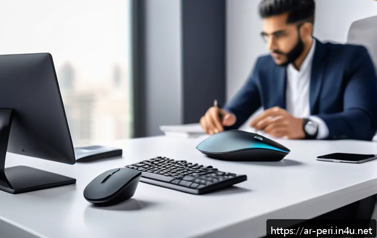 블루투스 마우스와 2 4GHz 무선 마우스 차이 - A modern Arab office workspace featuring a professional using a sleek wireless mouse with